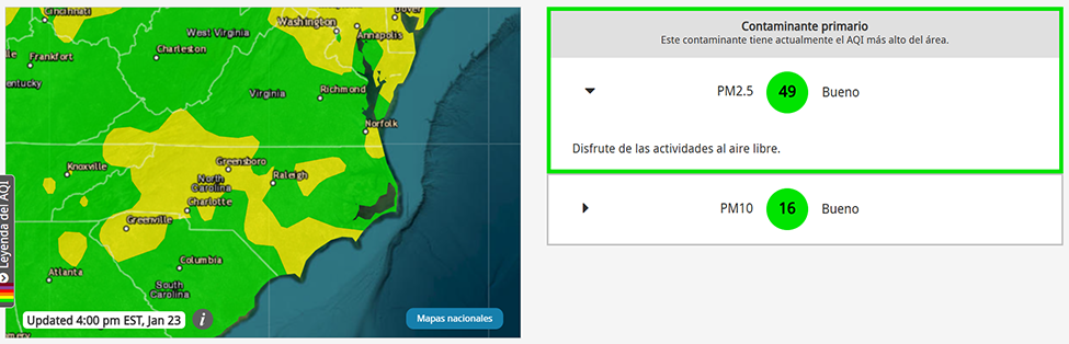 captura de pantalla de la calidad del aire actual