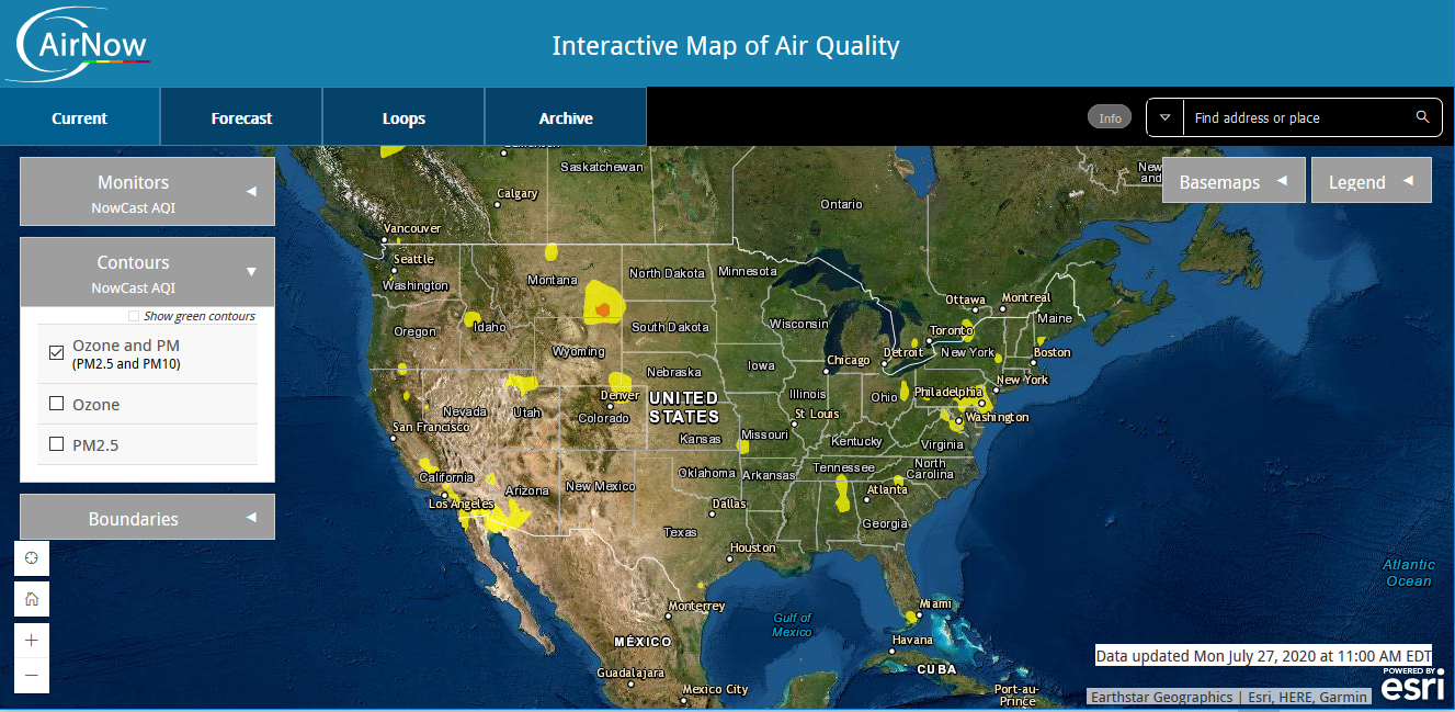 Fig: Mapa de AirNow que muestra la vista predeterminada